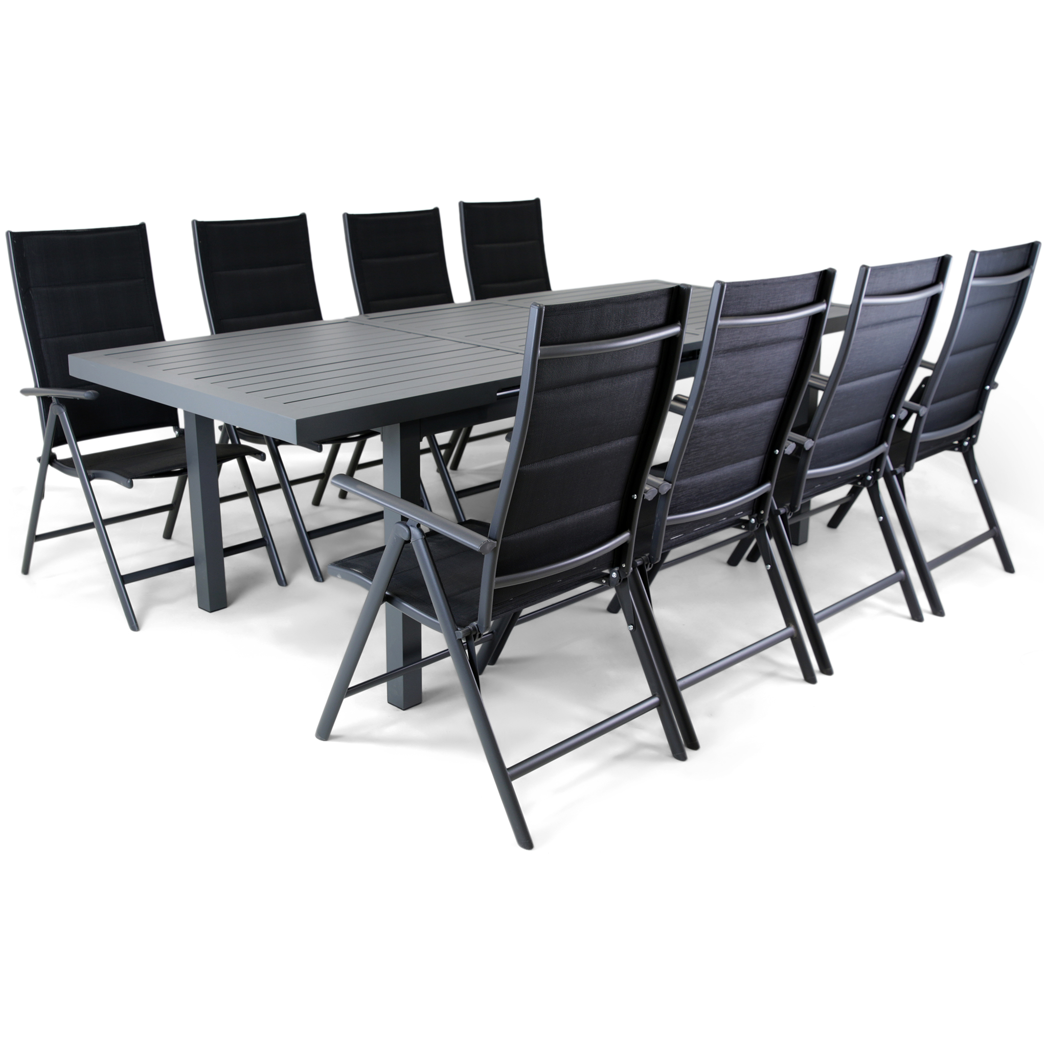 Förlängningsbart bord i aluminium 180-240cm | 8 positionsstolar Förlängningsbart bord i aluminium 180-240cm | 8 positionsstolar