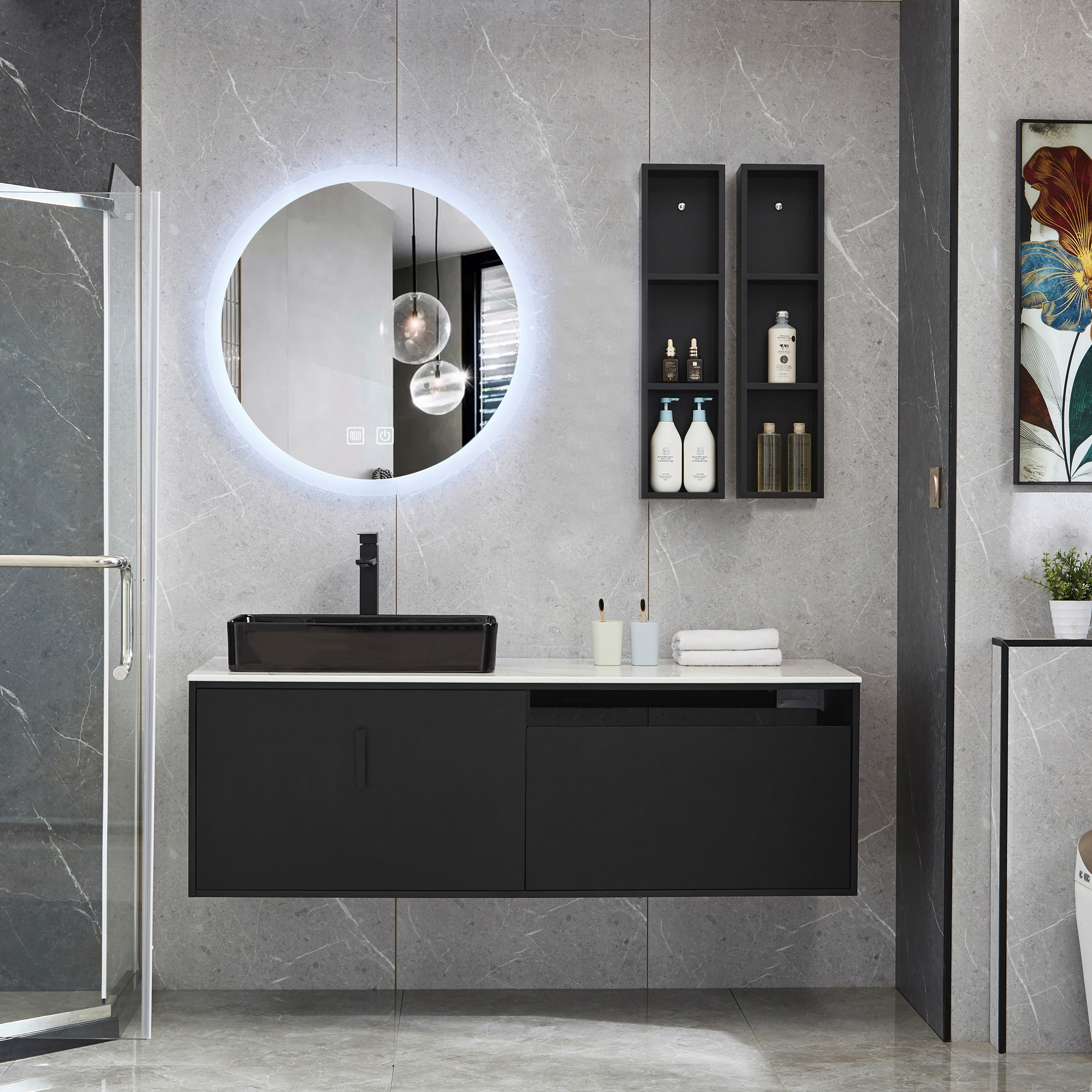 Badrumspaket 150cm | Marmorerad bänkskiva | LED-spegel Badrumspaket 150cm | Marmorerad bänkskiva | LED-spegel
