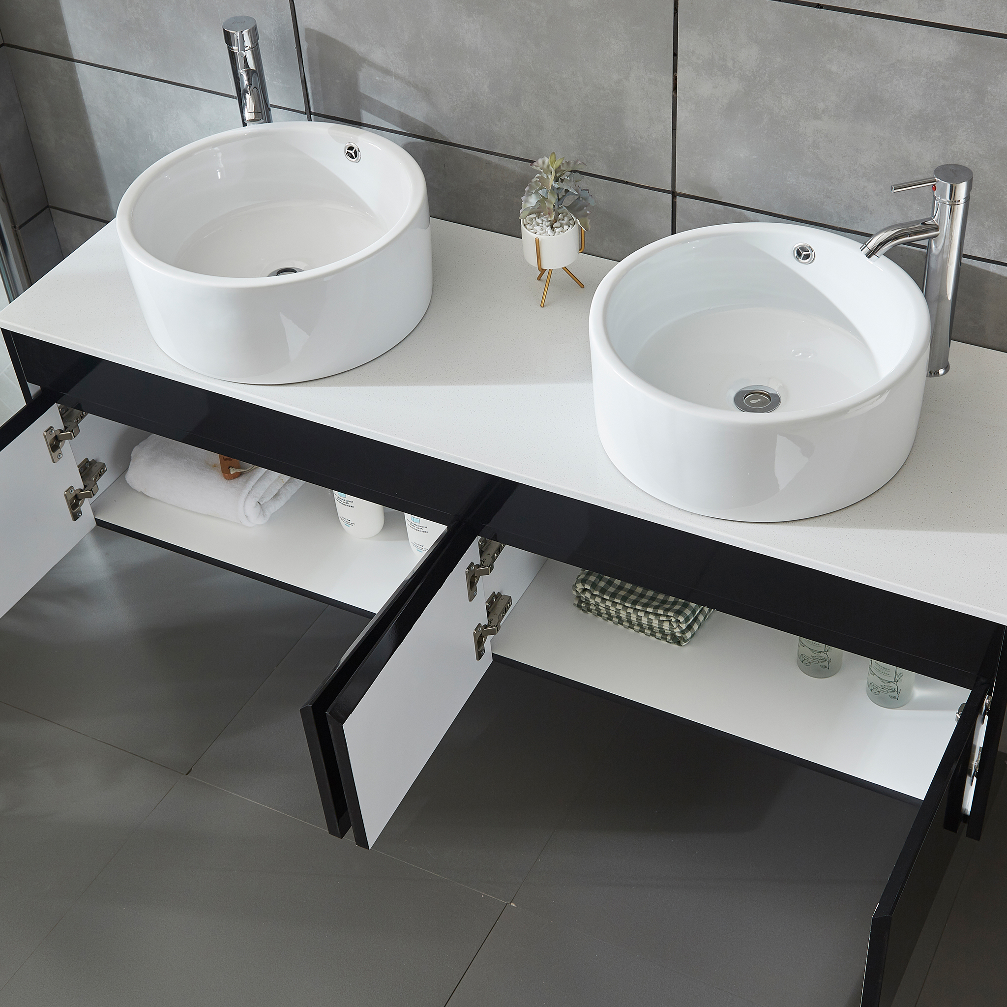 Badrumspaket 150cm | Kommod med dubbelhandfat & spegel | Svart Badrumspaket 150cm | Kommod med dubbelhandfat & spegel | Svart
