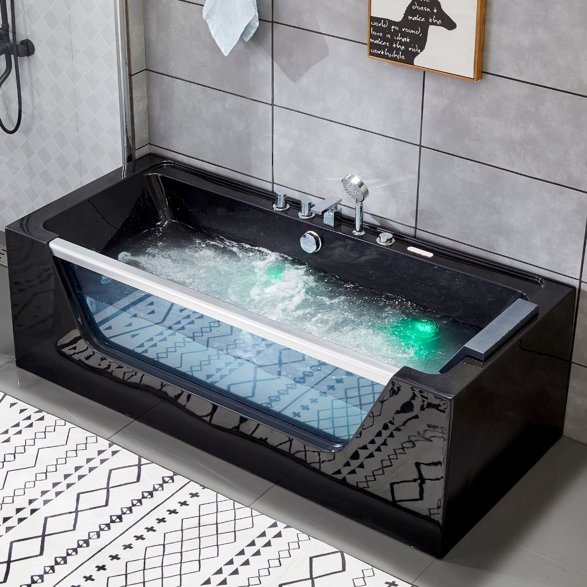 Svart bubbelbadkar | Glasfront, värmare & ljusterapi | 180cm | BK-009V Svart bubbelbadkar | Glasfront, värmare & ljusterapi | 180cm | BK-009V
