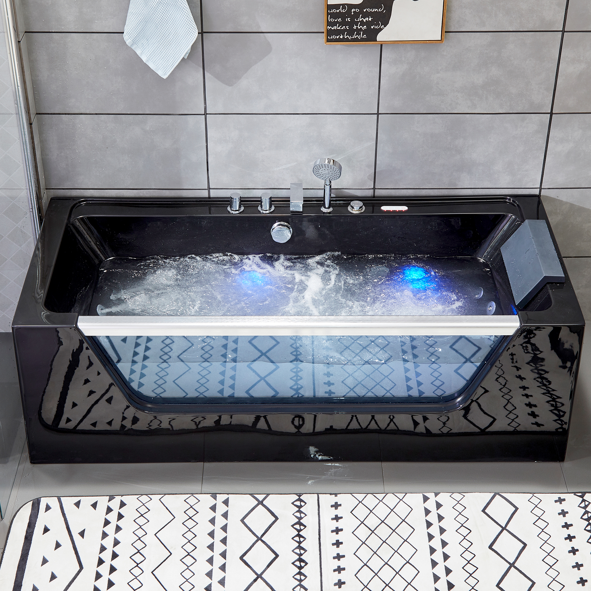 Svart bubbelbadkar | Glasfront, värmare & ljusterapi | 180cm | BK-009V Svart bubbelbadkar | Glasfront, värmare & ljusterapi | 180cm | BK-009V
