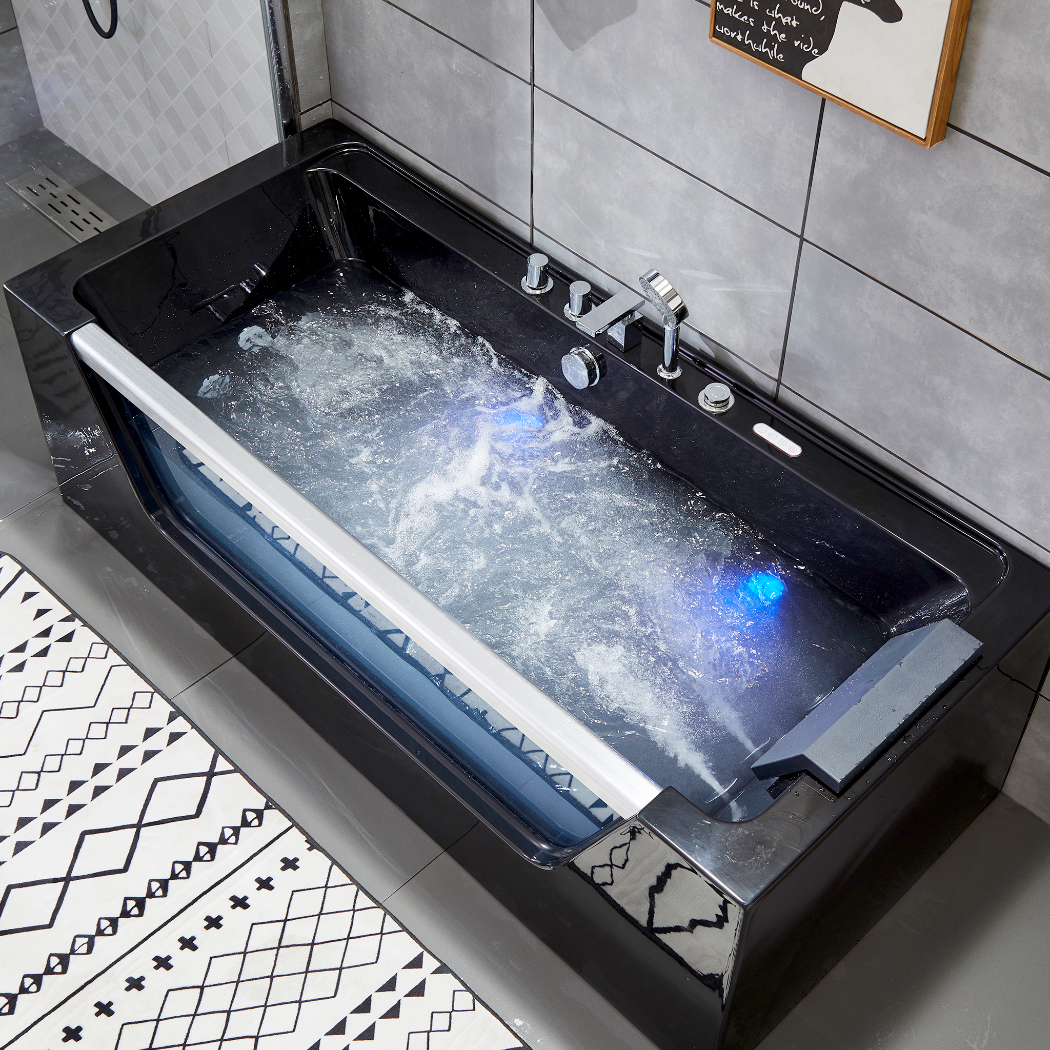 Svart bubbelbadkar | Glasfront, värmare & ljusterapi | 180cm | BK-009V Svart bubbelbadkar | Glasfront, värmare & ljusterapi | 180cm | BK-009V