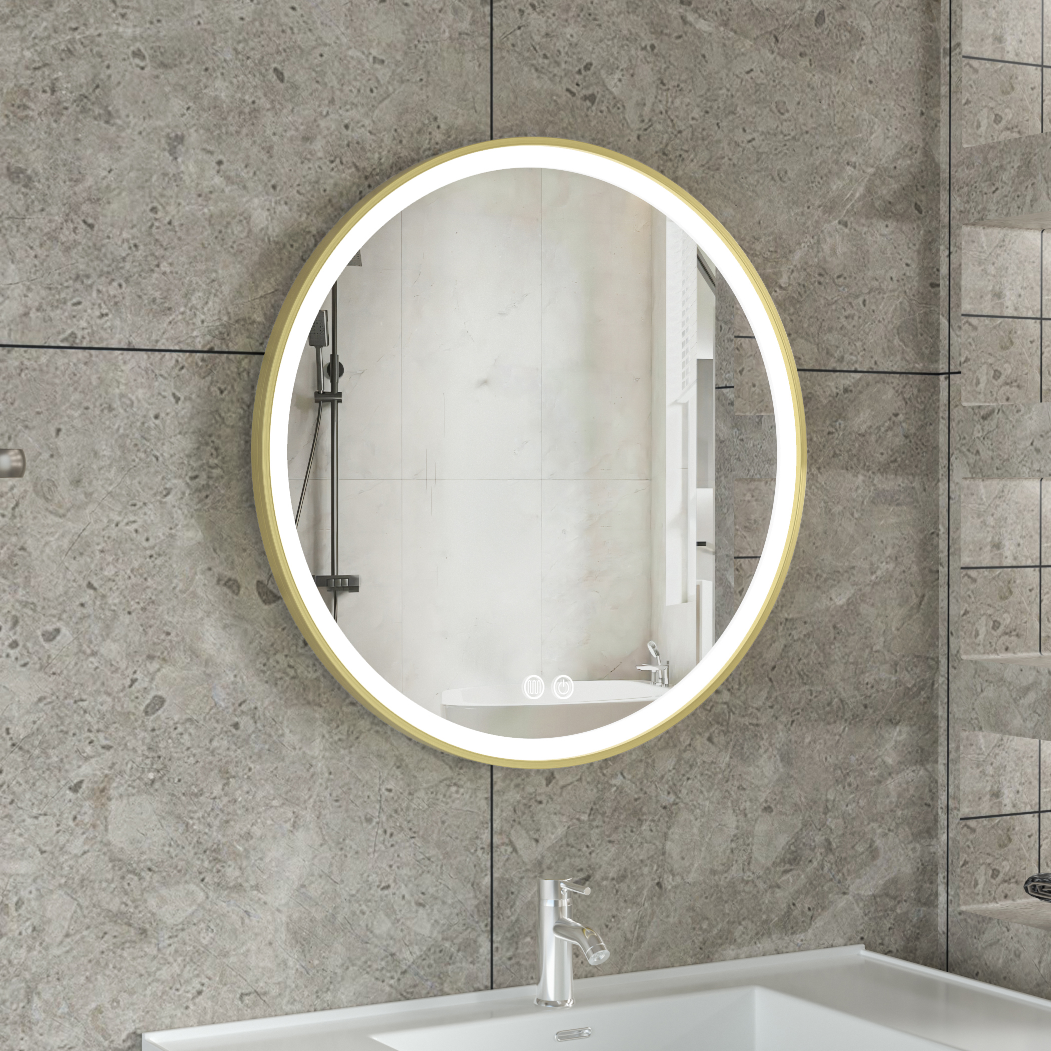 Stilren LED-spegel 80x80cm | Guldaluminiumram| Anti-fog & touch-styrning Stilren LED-spegel 80x80cm | Guldaluminiumram| Anti-fog & touch-styrning