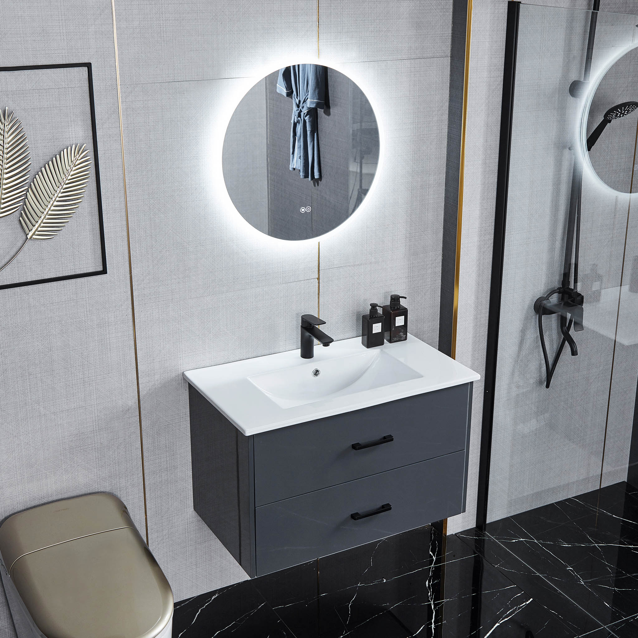 Kommod 80cm | Rund LED-spegel med dimmer | Svart blandare Kommod 80cm | Rund LED-spegel med dimmer | Svart blandare