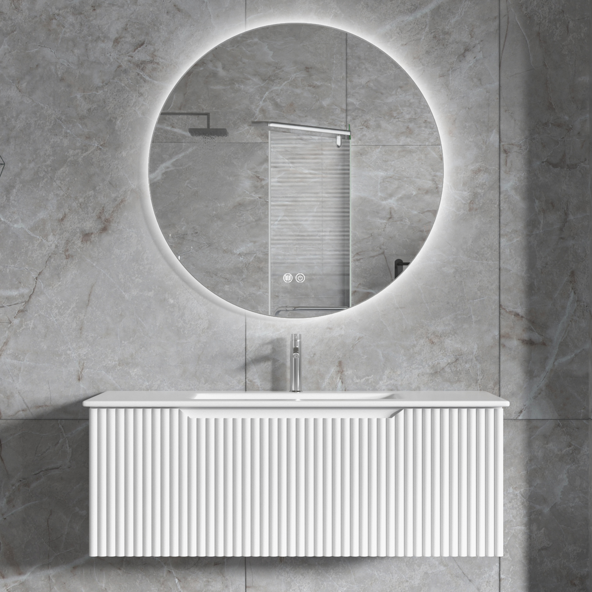 Badrumspaket | Kommod 101cm | Rund LED-spegel | Tuba - Vit Badrumspaket | Kommod 101cm | Rund LED-spegel | Tuba - Vit