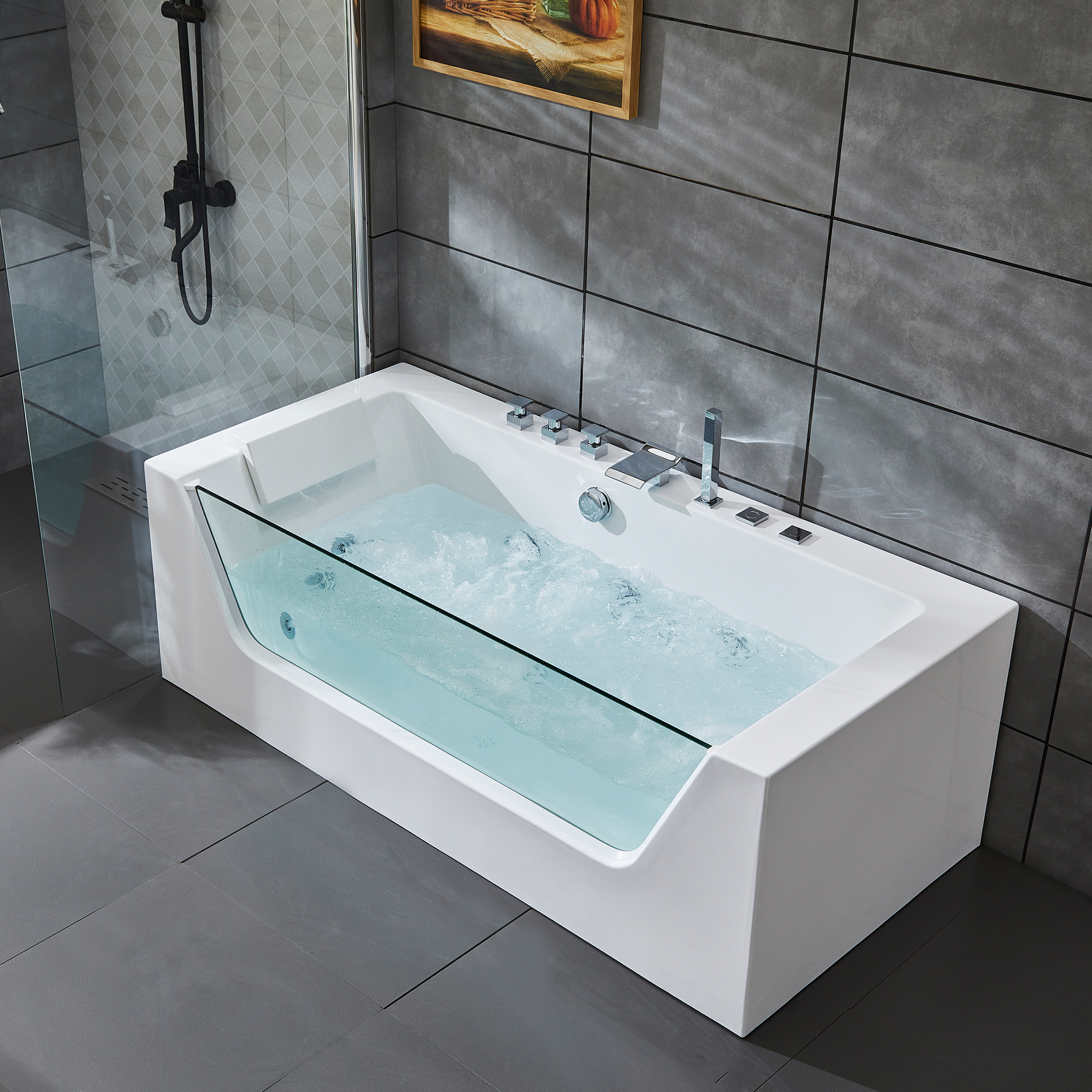 Bubbelbadkar med glasfront 170x80cm | Ergonomisk nackkudde | BK-019 Bubbelbadkar med glasfront 170x80cm | Ergonomisk nackkudde | BK-019