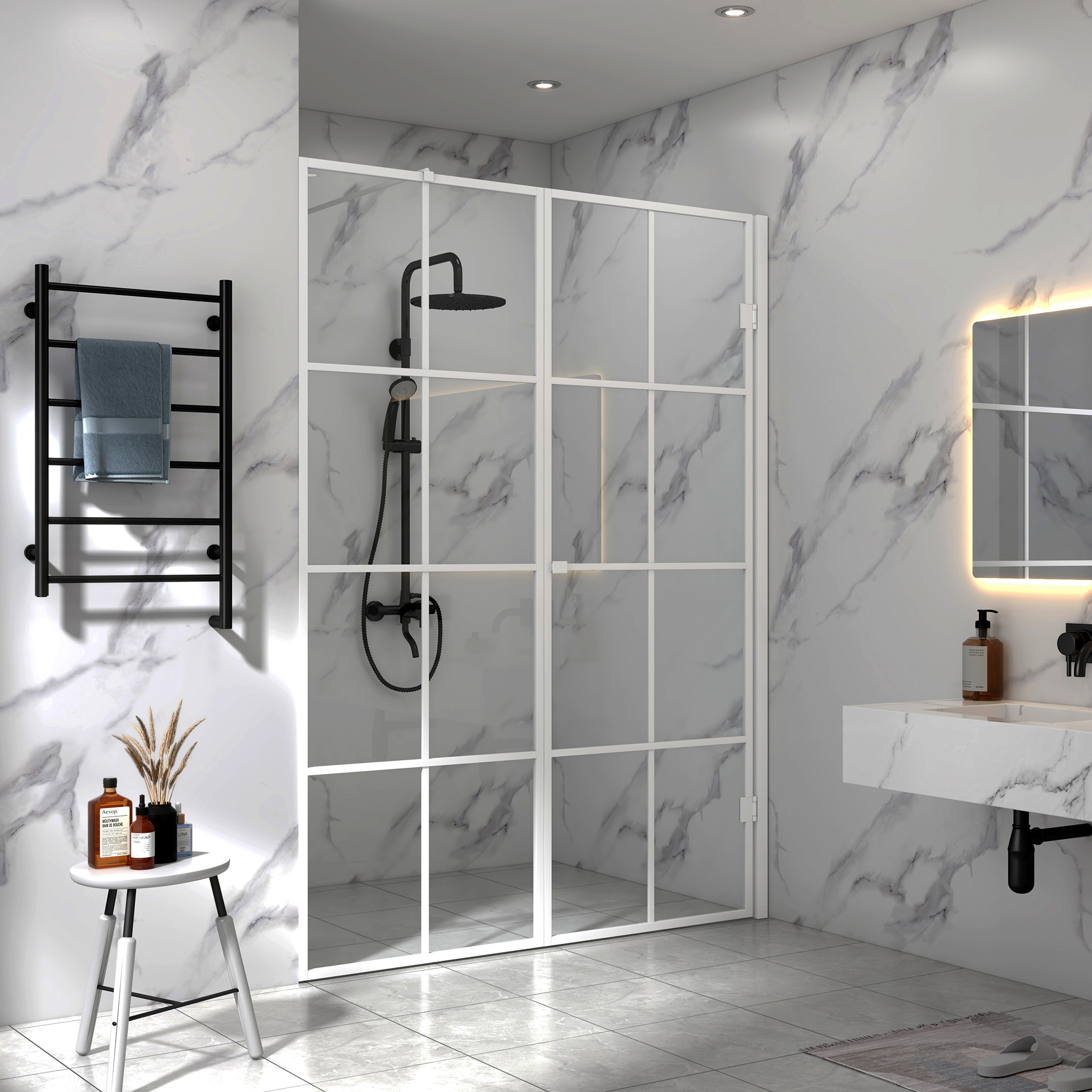 Stilren duschvägg med vit spröjs | 6mm säkerhetsglas Stilren duschvägg med vit spröjs | 6mm säkerhetsglas