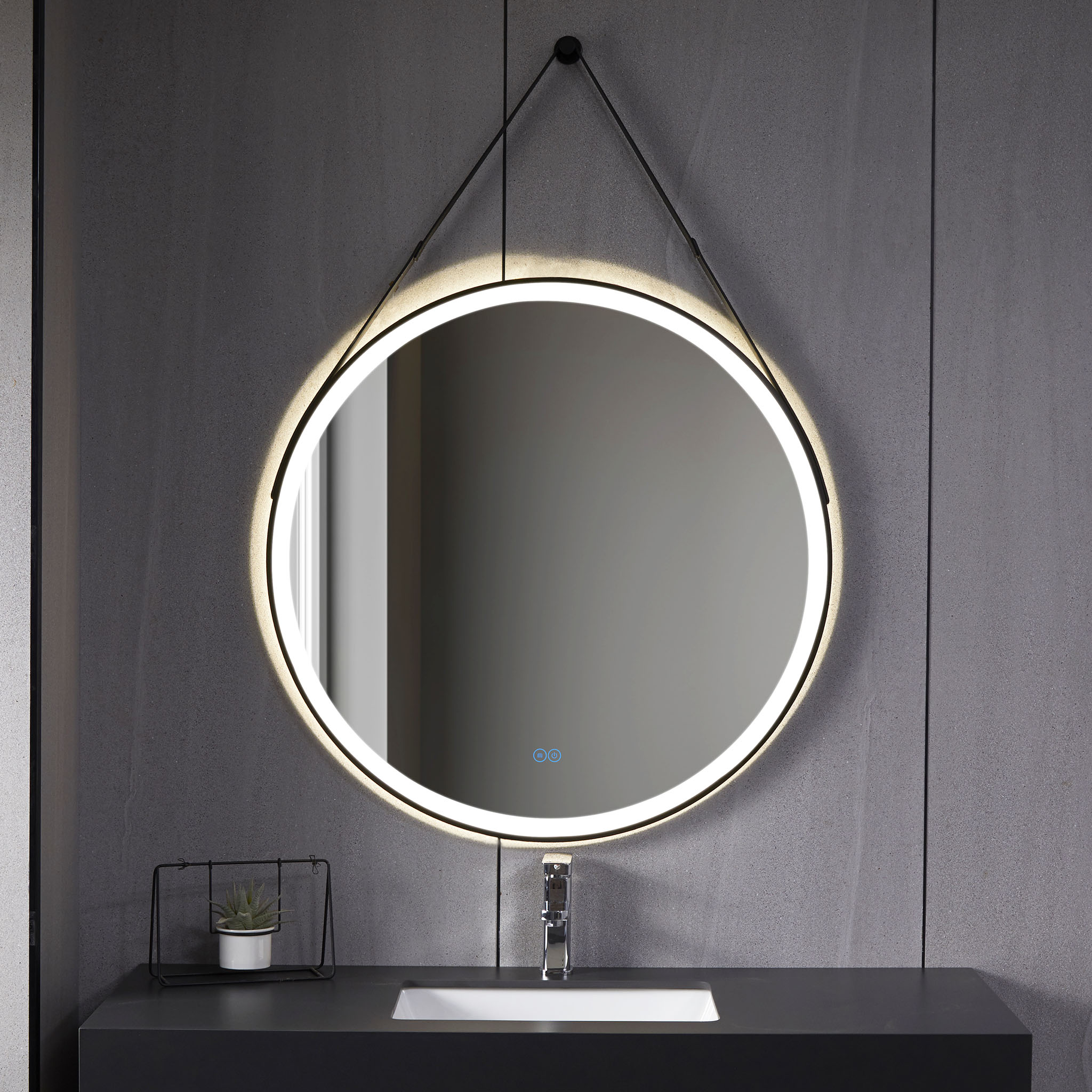 Rund spegel med h�ngrem | LED-belysning & anti-fog-funktion