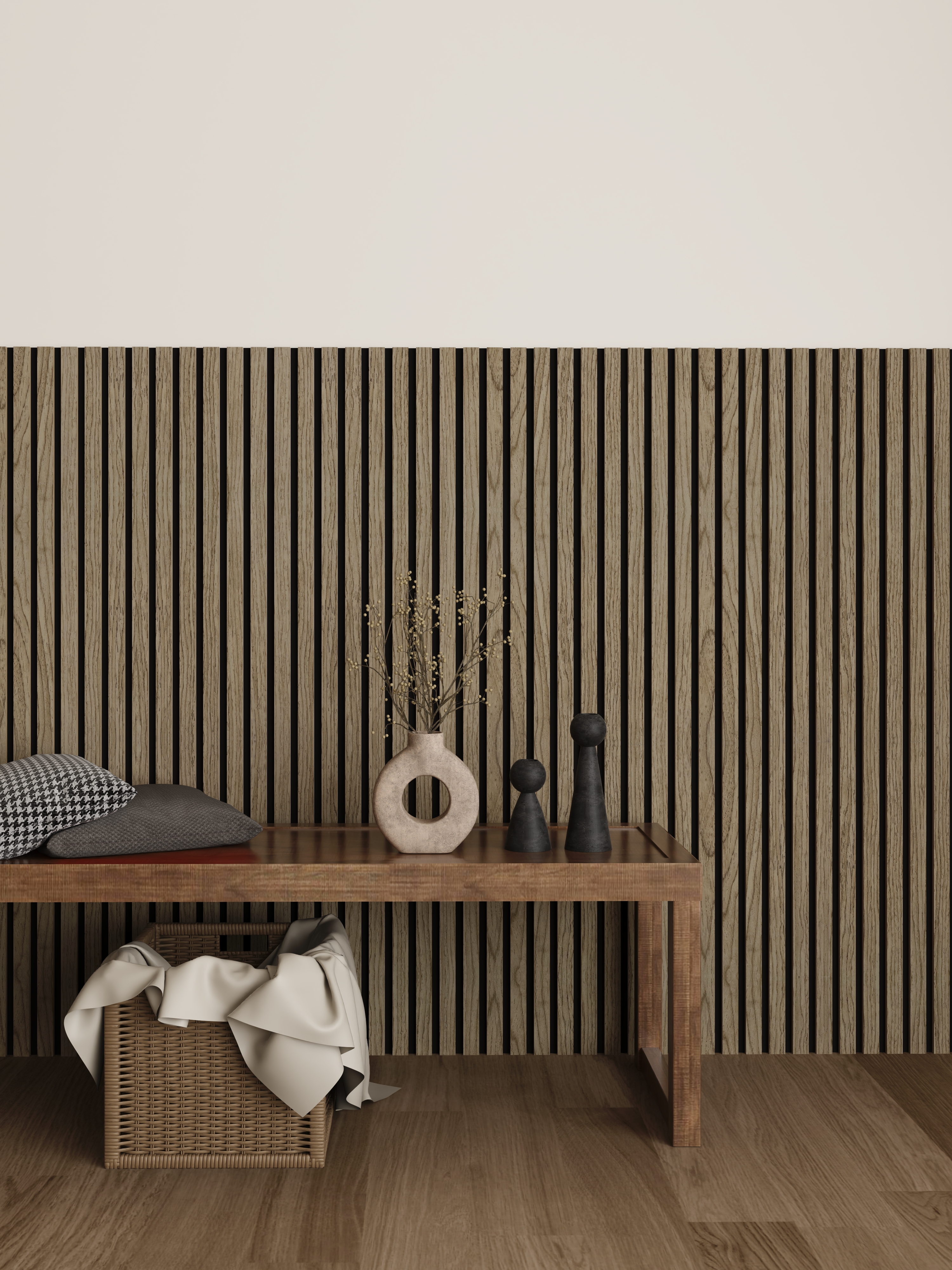 Trälamell akustikpanel | 2400x600x18mm | Tvådelad | Valnöt Trälamell akustikpanel | 2400x600x18mm | Tvådelad | Valnöt