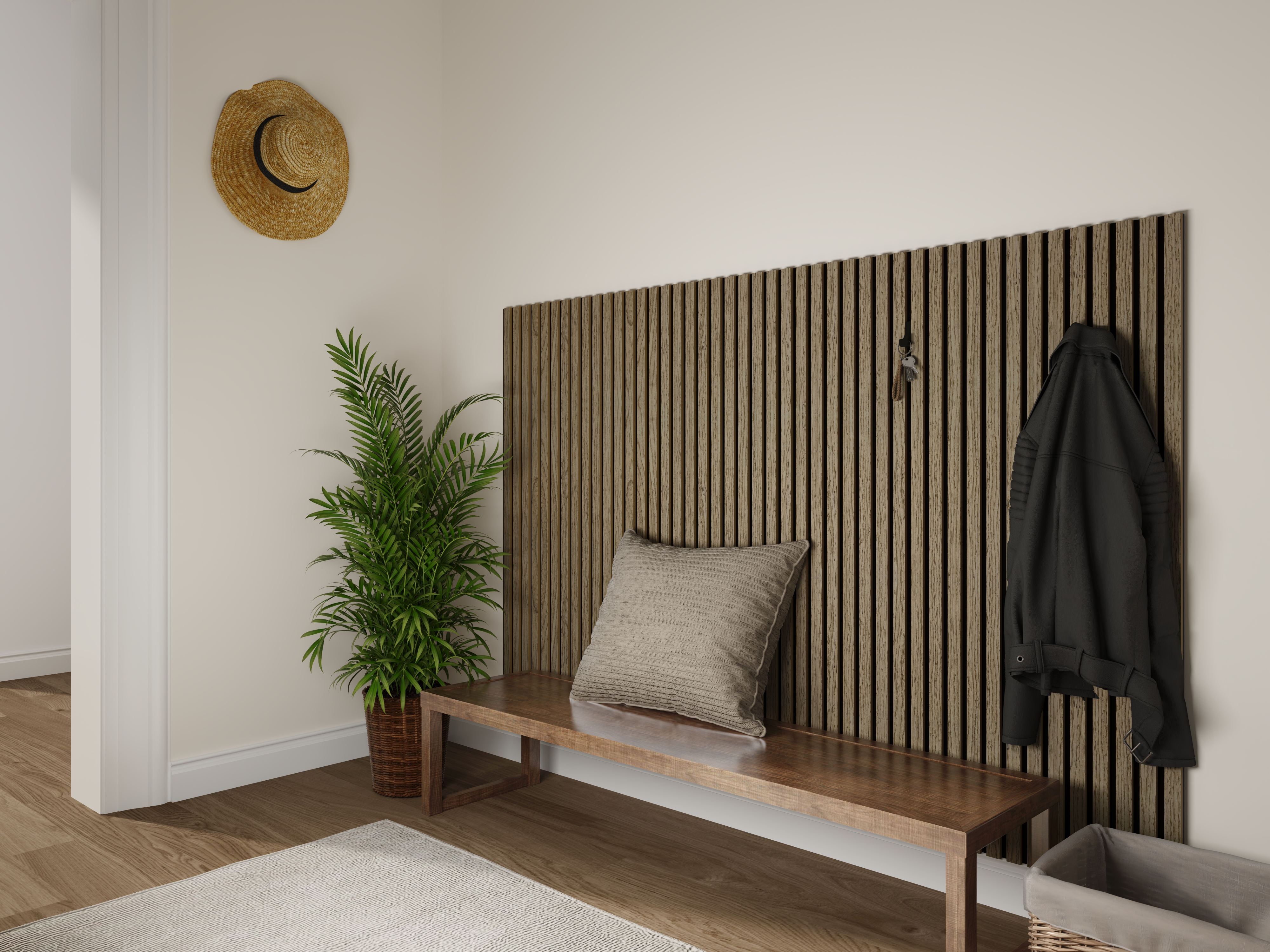 Trälamell akustikpanel | 2400x600x18mm | Tvådelad | Valnöt Trälamell akustikpanel | 2400x600x18mm | Tvådelad | Valnöt
