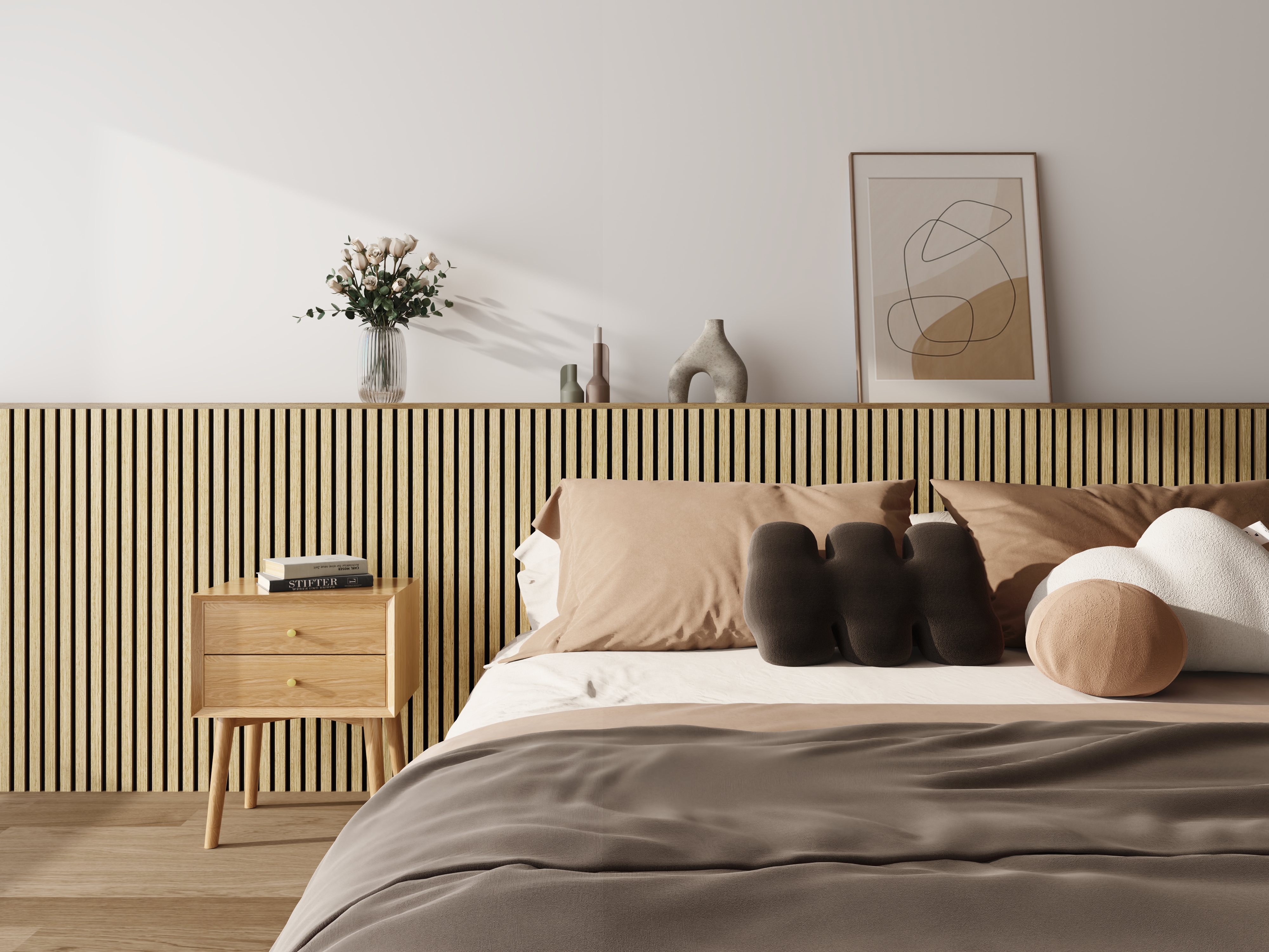 Trälamell akustikpanel | 2400x600x18mm | Tvådelad | Vit ek Trälamell akustikpanel | 2400x600x18mm | Tvådelad | Vit ek