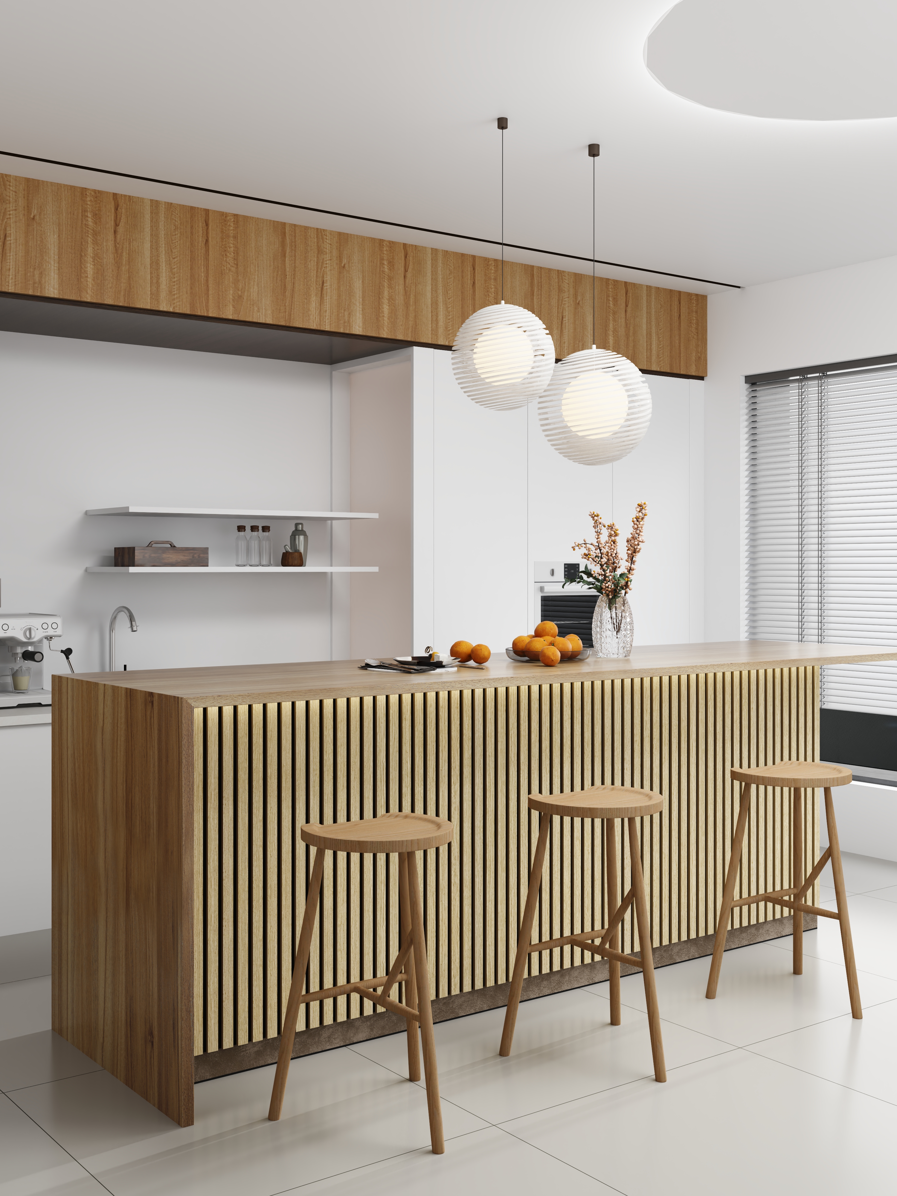 Trälamell akustikpanel | 2400x600x18mm | Tvådelad | Vit ek Trälamell akustikpanel | 2400x600x18mm | Tvådelad | Vit ek