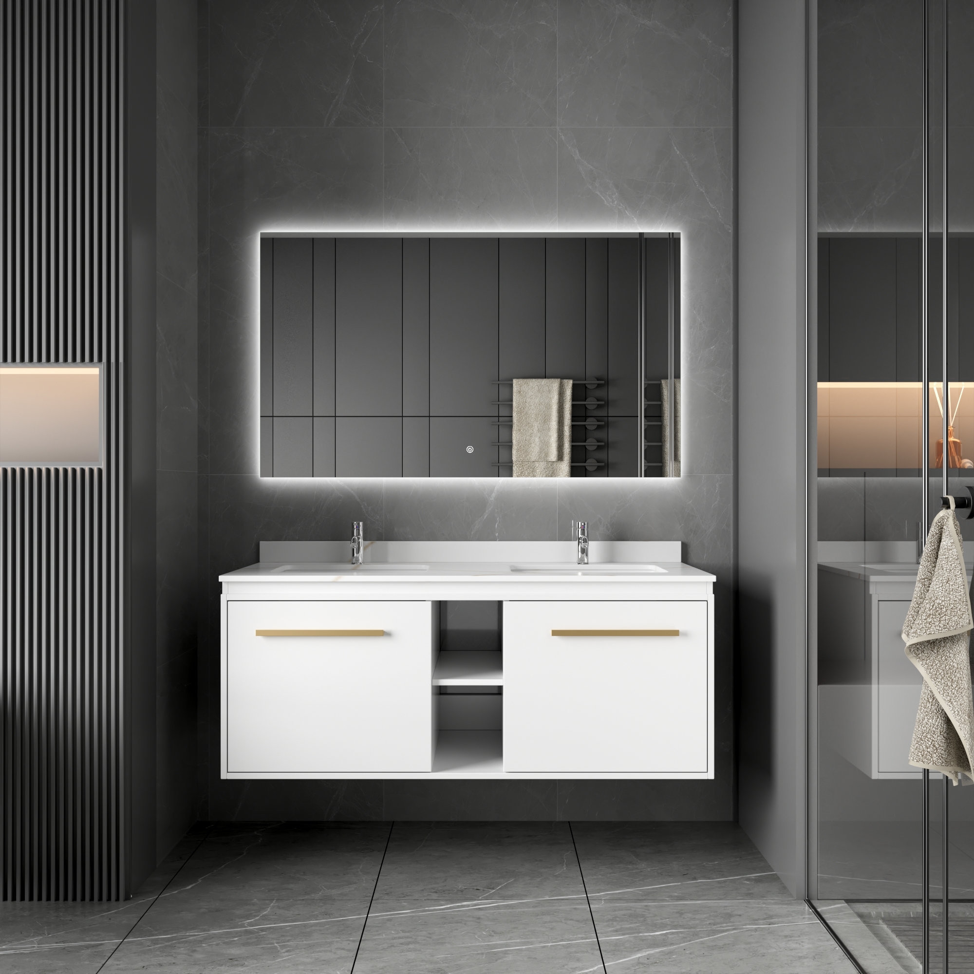 Badrumspaket 120 cm  Kommod med dubbla keramiska tvttstll & LED-spegel | Mjukstngning