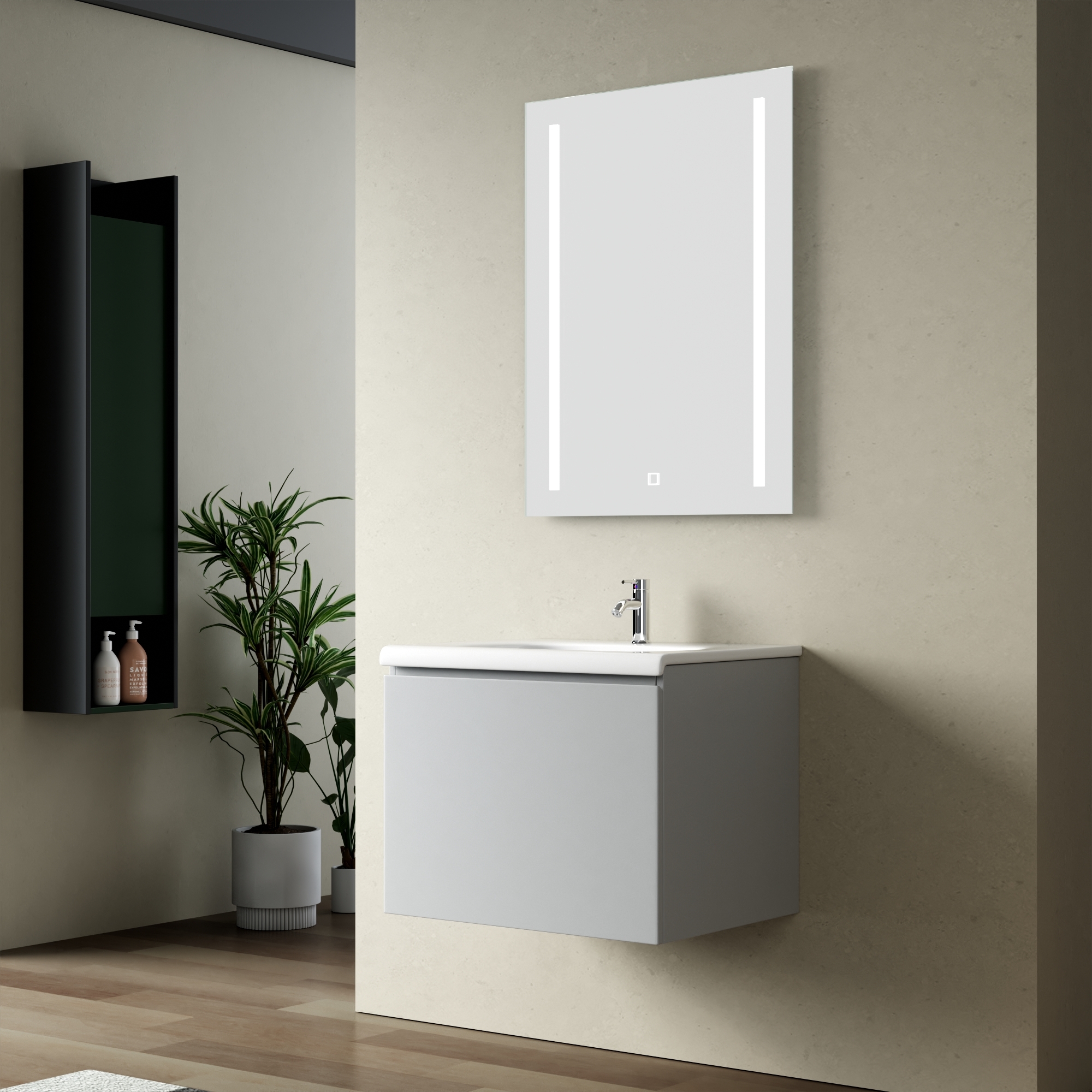 Badrumspaket 60 cm  Kommod & keramiskt tvttstll med LED-spegel | Dimbar belysning