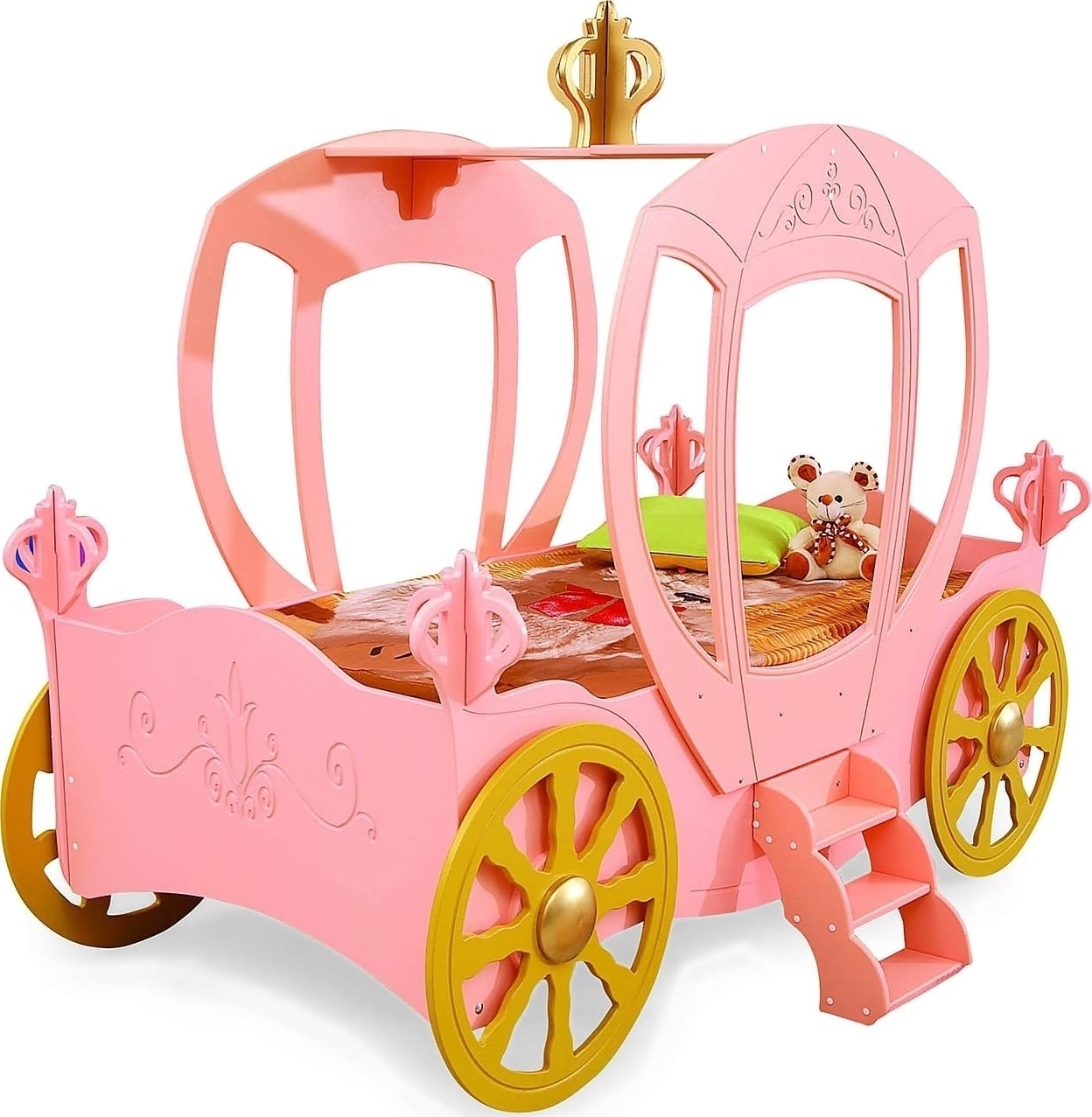 Barnsng Rosa/Gul med trappa & hjul | Sagolik sng med madrass (90180 cm)