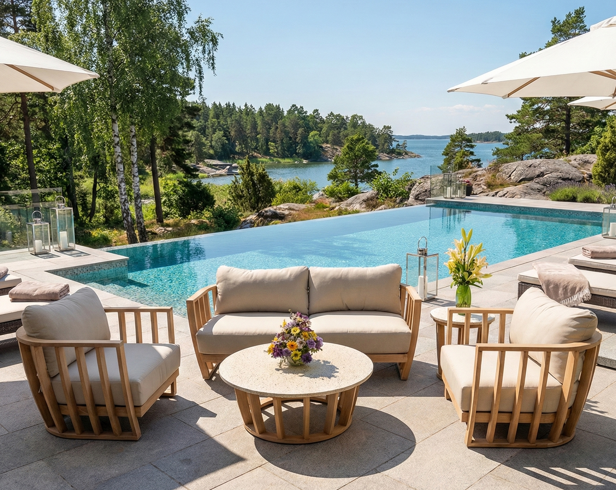 Soffgrupp i akacia & terrazzo-sten | Dynor med linnetyg | Storvik