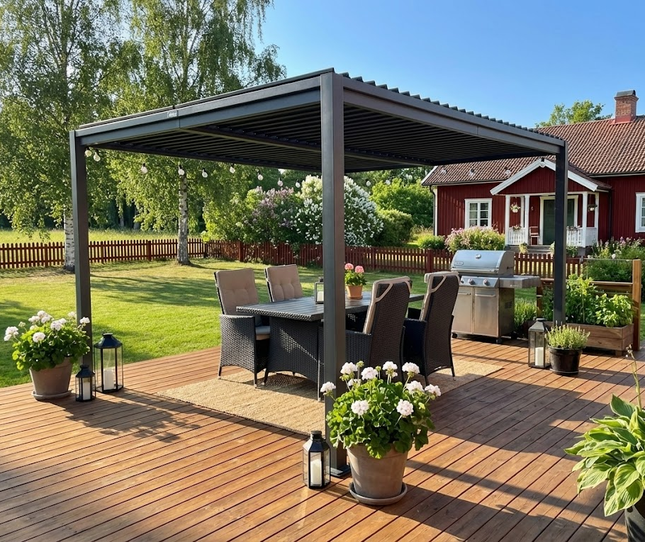 Pergola 4x3 m med lamelltak | Grå stålpergola för uteplats & trädgård Pergola 4x3 m med lamelltak | Grå stålpergola för uteplats & trädgård