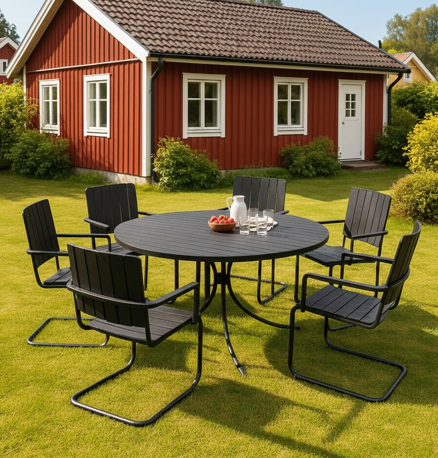 Rund utem�bel matgrupp | Bord med 6 stolar | Akacia | Gr�s� svart