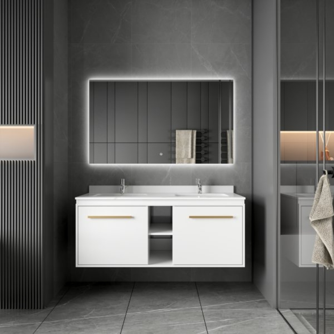 Badrumspaket 120 cm  Kommod med dubbla keramiska tv&auml;ttst&auml;ll & LED-spegel  Mjukst&auml;ngning