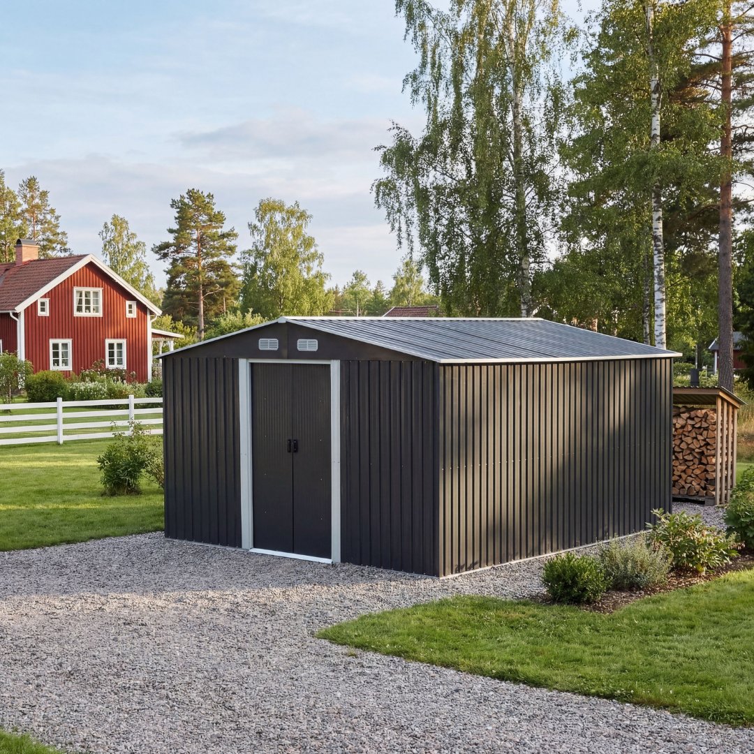 Förråd och redskapsbod 12,5m² | Dubbel skjutdörr | Bas ingår Förråd och redskapsbod 12,5m² | Dubbel skjutdörr | Bas ingår