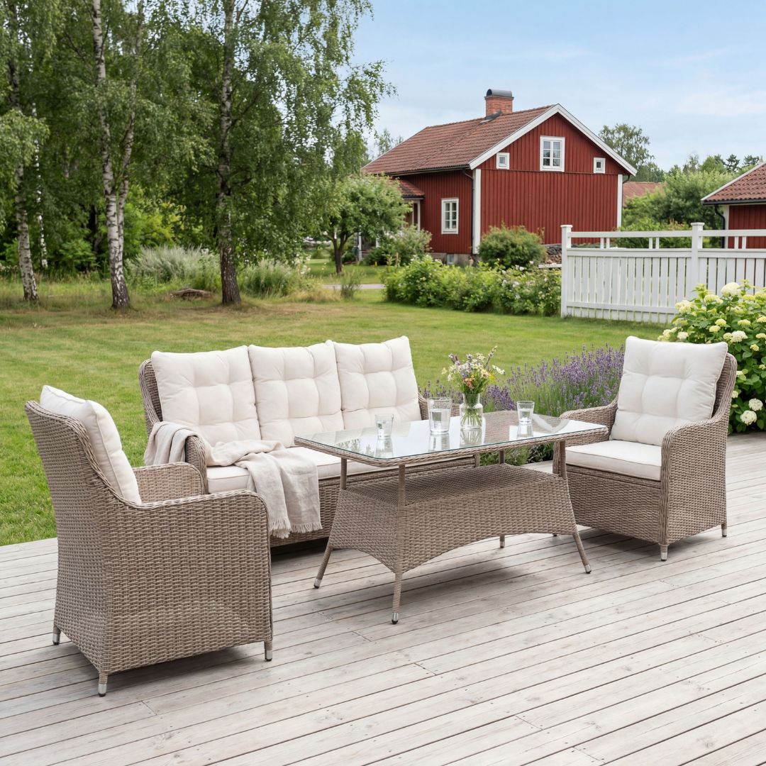 Loungegrupp utemöbler | Beige konstrotting | Rögrund Loungegrupp utemöbler | Beige konstrotting | Rögrund