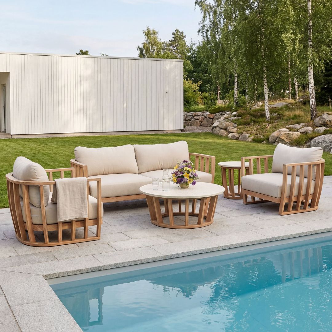 Soffgrupp i akacia & terrazzo-sten | Dynor med linnetyg | Storvik