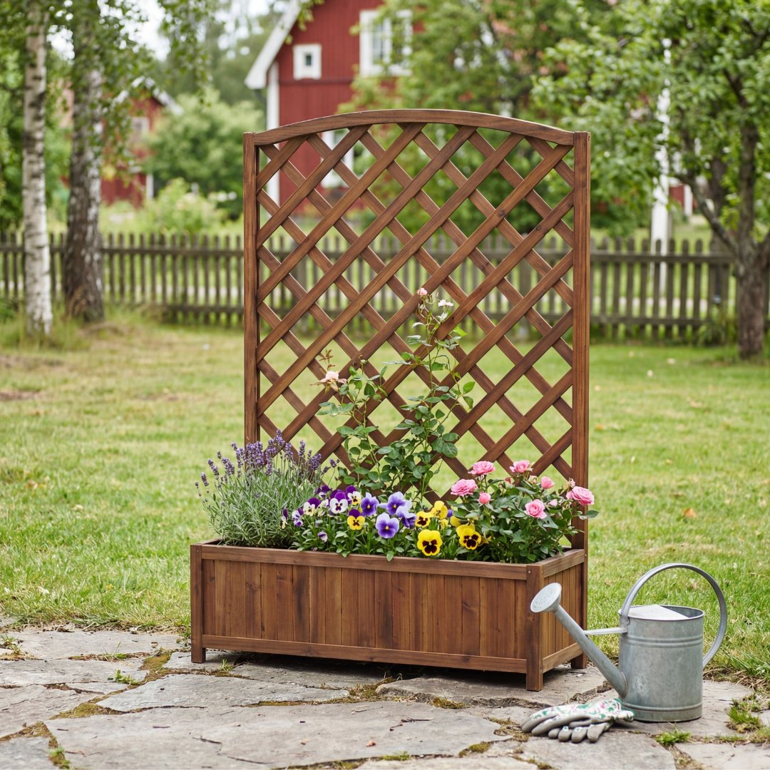 Bloml�da med spalje i tr� | 80�30�120 cm | F�r kl�tterv�xter | Brun