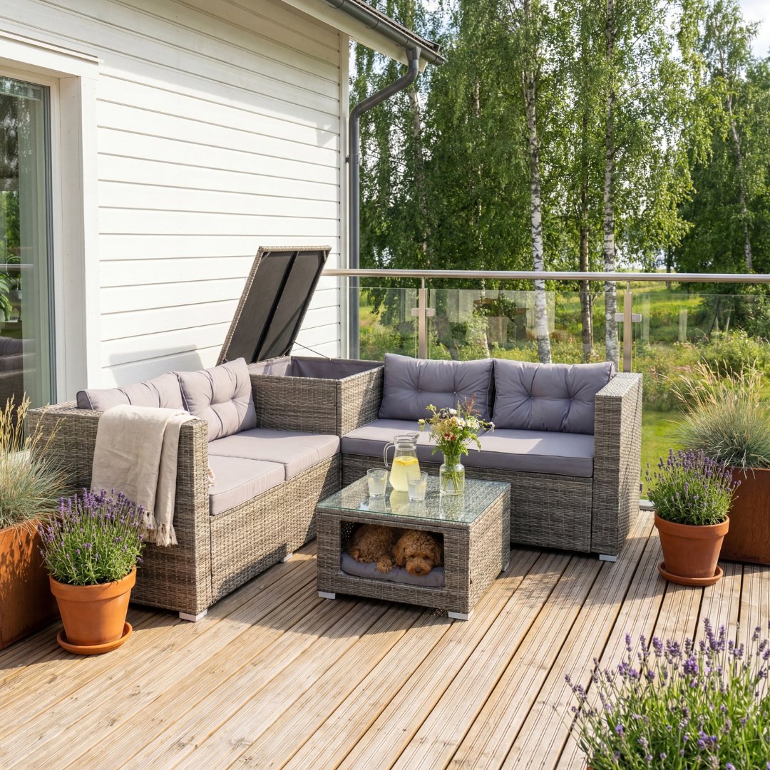 Soffgrupp med dynf�rvaring � H�rnsoffa & bord i gr�tt | Lilla Djursvik