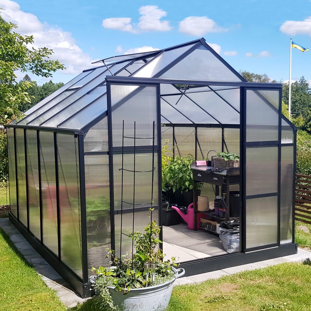 Växthus 8,9m2  6mm kanalplast  Hög odlingshöjd  Svart  Yta 8,9m2
