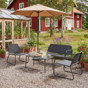 Loungegrupp i stål | Svart loungeset med bord, stol och bänk | Isac Loungegrupp i stål | Svart loungeset med bord, stol och bänk | Isac