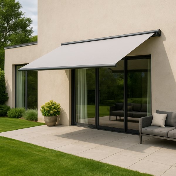 Terrassmarkis helkassett 4x3m | Motor & fjrrkontroll | Ljus gr