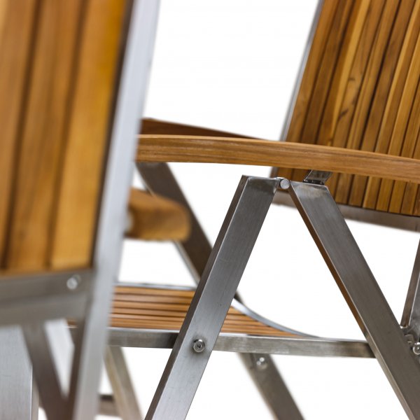 Rund trädgårdsgrupp i teak / rostfritt stål | Bord & 6 positionsstolar Rund trädgårdsgrupp i teak / rostfritt stål | Bord & 6 positionsstolar