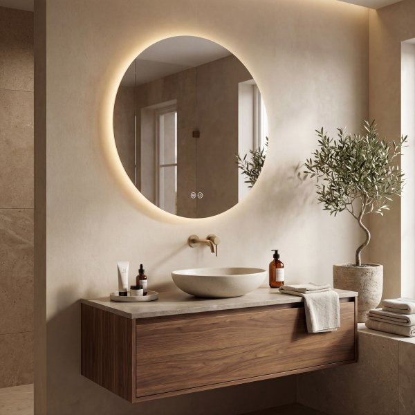 Rund badrumsspegel | Anti-fog och LED-belysning på baksidan Rund badrumsspegel | Anti-fog och LED-belysning på baksidan