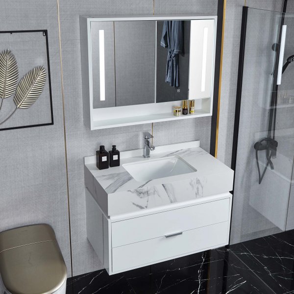 Badrumsm�bel 90cm | LED-spegelsk�p | Marmorerad b�nkskiva | Vit