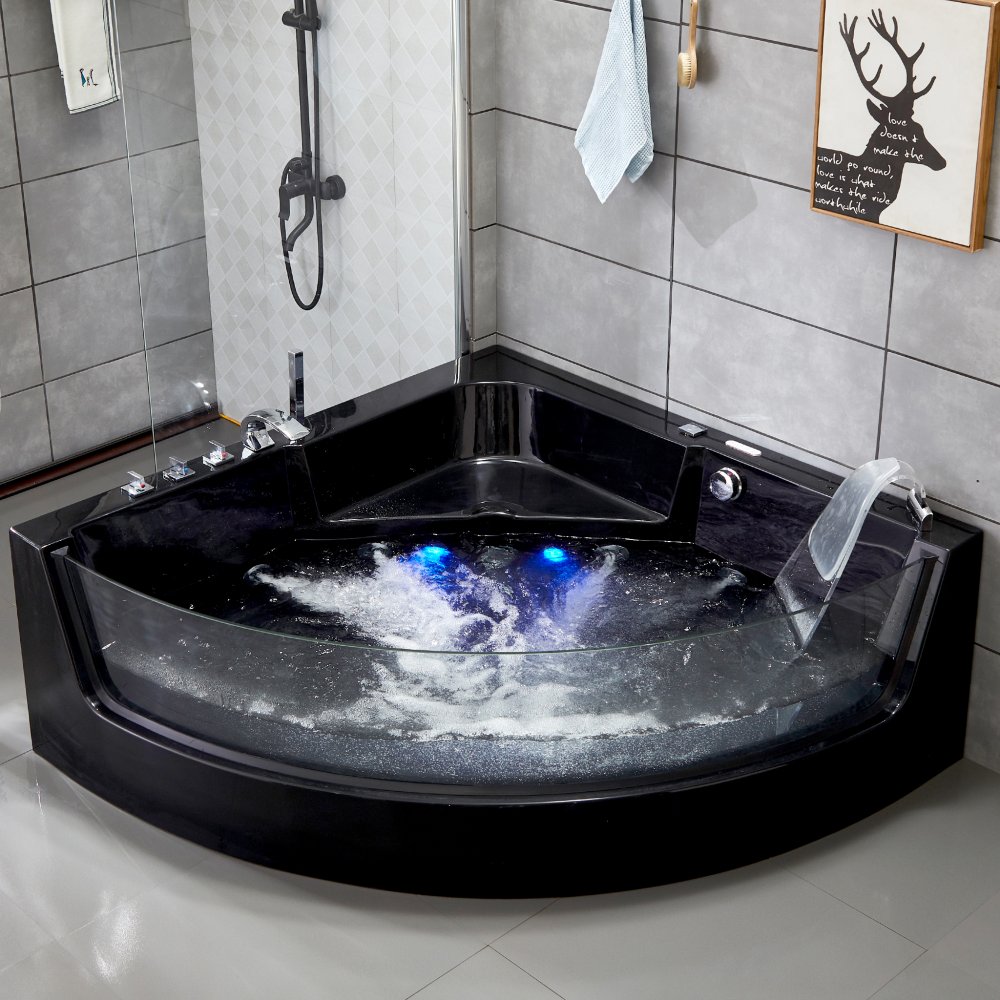 Bubbelbadkar med glasfront & värmare 150x150cm | Blackline BK-018V | Svart bubbelbadkar för hörnplacering