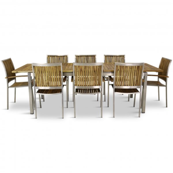 F�rl�ngningsbart bord 200-250cm + 8 stolar - Rostfritt st�l och oljad Acacia