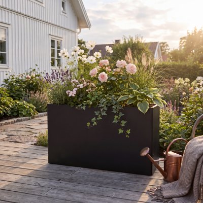 Blomlåda 120x30x60 cm | Svart galvaniserat stål | Extra rymlig blomlåda för altan, balkong, entré och trädgård