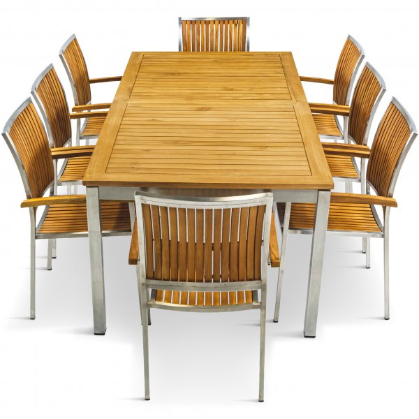 Frlngningsbart bord 200-250cm | 8 stolar | Rostfritt stl / teak