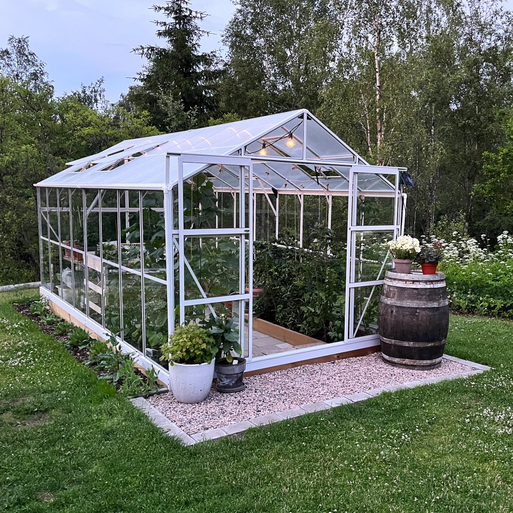 Växthus 12,7m2  5 års stormgaranti  4mm säkerhetsglas  Vit  Yta: 12,7 m2 (4,94 x 2,57 m)