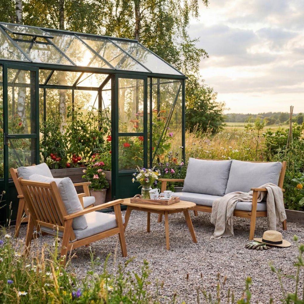 Elegant loungeset i trä | Akacia | Loungegrupp utomhus | Grå | Elegant loungegrupp med bänk, två stolar och bord
