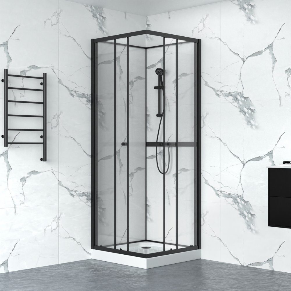 Duschkabin 80x80cm | Aluminium & säkerhetsglas | Svart ram | Komplett med blandare, handdusch och bottenventil