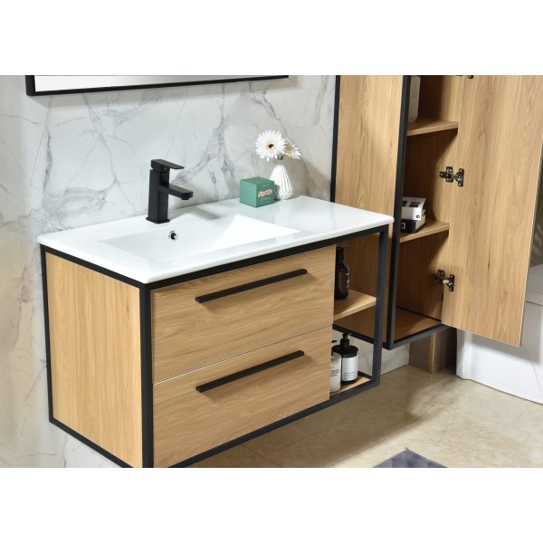 Industria Badrumspaket 90 cm – Kommod, keramiskt tvättställ, spegel & sidoskåp | Trä/Svart Industria Badrumspaket 90 cm – Kommod, keramiskt tvättställ, spegel & sidoskåp | Trä/Svart