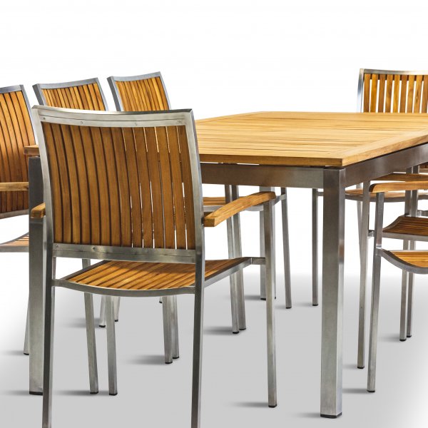 Frlngningsbart bord 200-250cm | 8 stolar | Rostfritt stl / teak