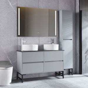 Badrumspaket | Kommod 117cm | Dubbla handfat | Spegel & högskåp Badrumspaket | Kommod 117cm | Dubbla handfat | Spegel & högskåp