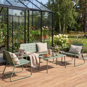 Loungegrupp i olivgrönt stål | Soffa, stolar & bord | 4-delat set Loungegrupp i olivgrönt stål | Soffa, stolar & bord | 4-delat set