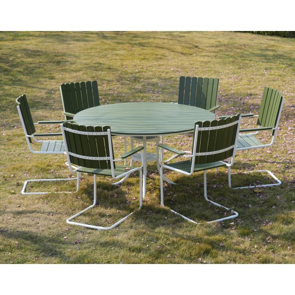 Gl�nta rund matgrupp utomhus | 6 stolar & �135 cm bord | Gr�n/vit