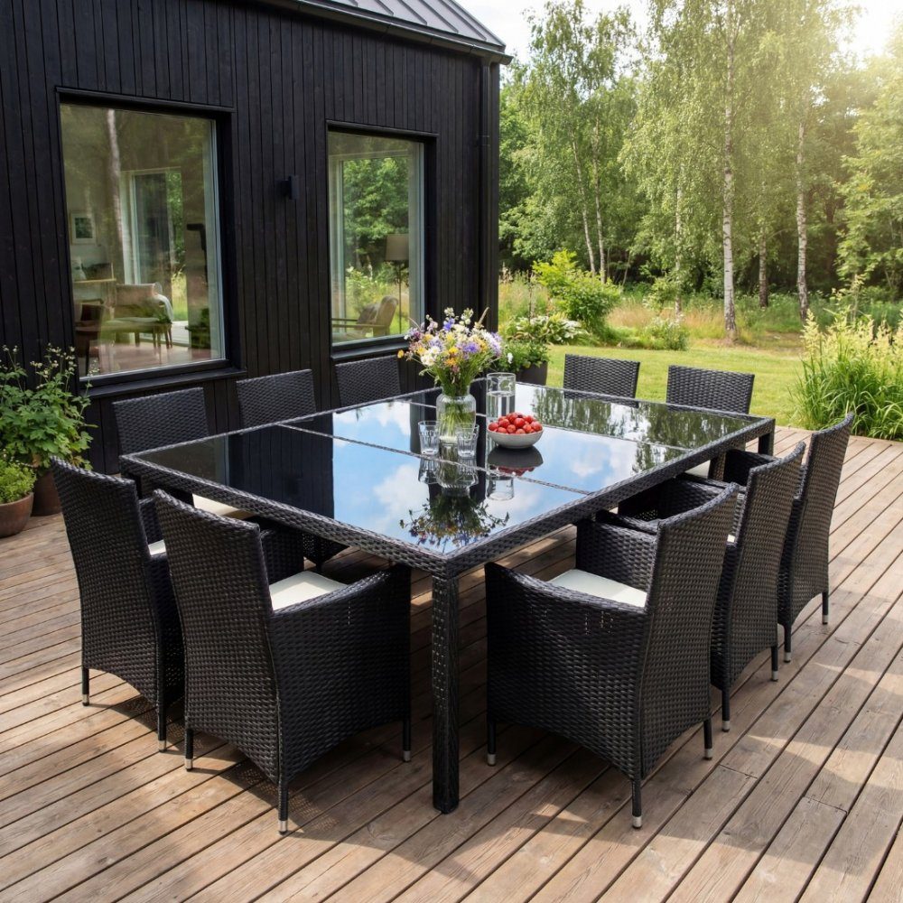Stor matgrupp utemöbler 220x160cm | 10 stolar | Lyfco Särö | Stilig matgrupp utemöbler för 10 personer i handvävd svart konstrotting