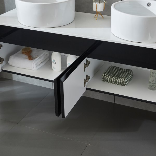 Badrumspaket 150cm | Kommod med dubbelhandfat & spegel | Svart