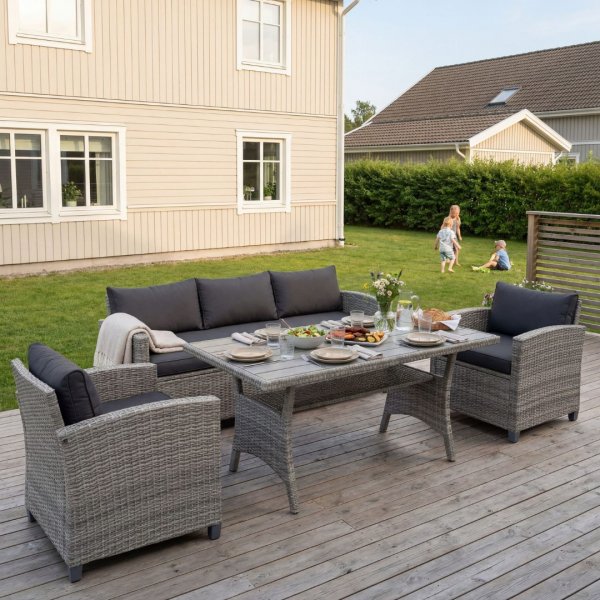 Loungegrupp med soffa, 2 fåtöljer & bord i grått | Arholma Loungegrupp med soffa, 2 fåtöljer & bord i grått | Arholma