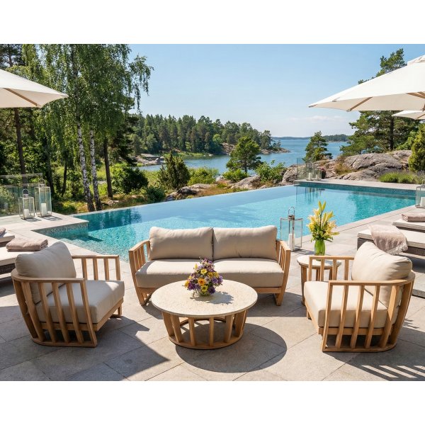 Soffgrupp i akacia & terrazzo-sten | Dynor med linnetyg | Storvik